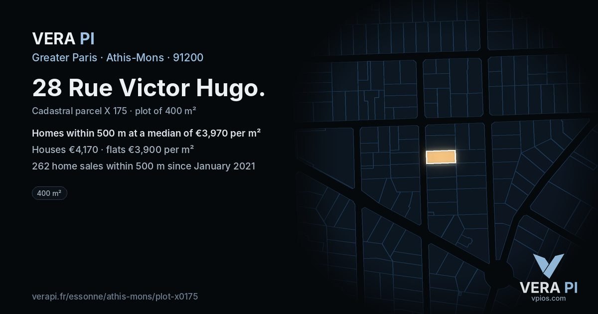 28 Rue Victor Hugo, Athis-Mons at night – the plot lit, the parcels around coloured by the prices near them