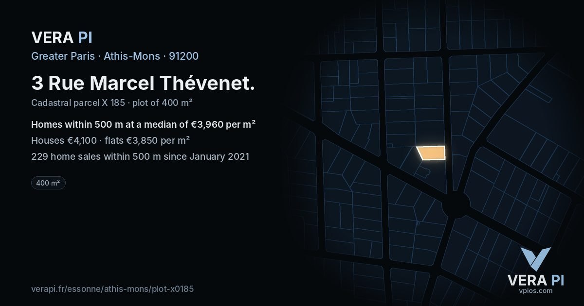 3 Rue Marcel Thévenet, Athis-Mons at night – the plot lit, the parcels around coloured by the prices near them