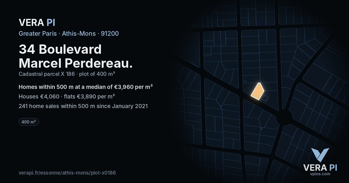 34 Boulevard Marcel Perdereau, Athis-Mons at night – the plot lit, the parcels around coloured by the prices near them