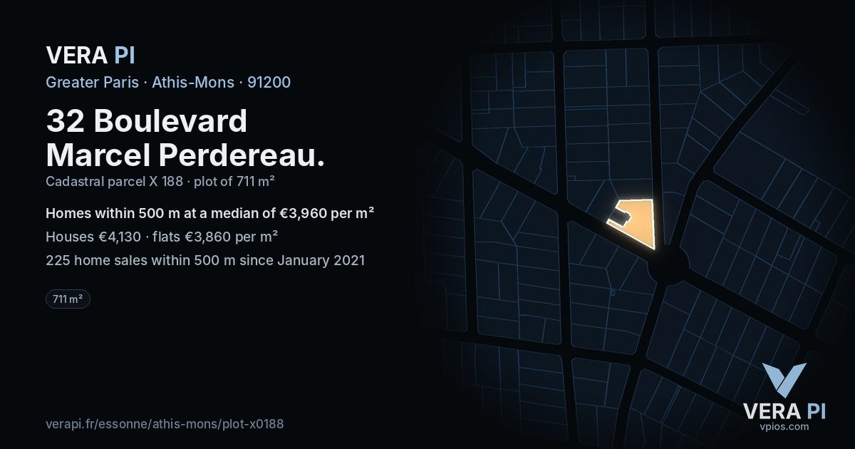 32 Boulevard Marcel Perdereau, Athis-Mons at night – the plot lit, the parcels around coloured by the prices near them