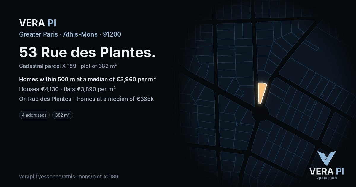 53 Rue des Plantes, Athis-Mons at night – the plot lit, the parcels around coloured by the prices near them
