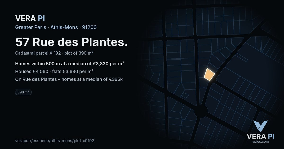 57 Rue des Plantes, Athis-Mons at night – the plot lit, the parcels around coloured by the prices near them
