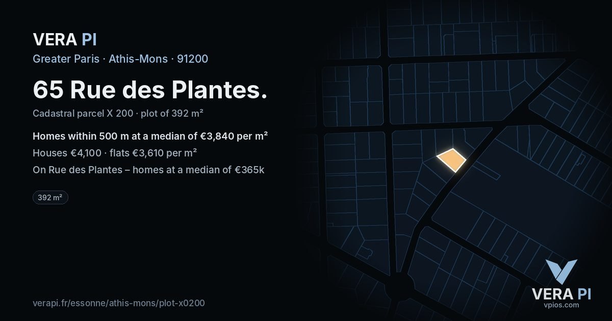 65 Rue des Plantes, Athis-Mons at night – the plot lit, the parcels around coloured by the prices near them