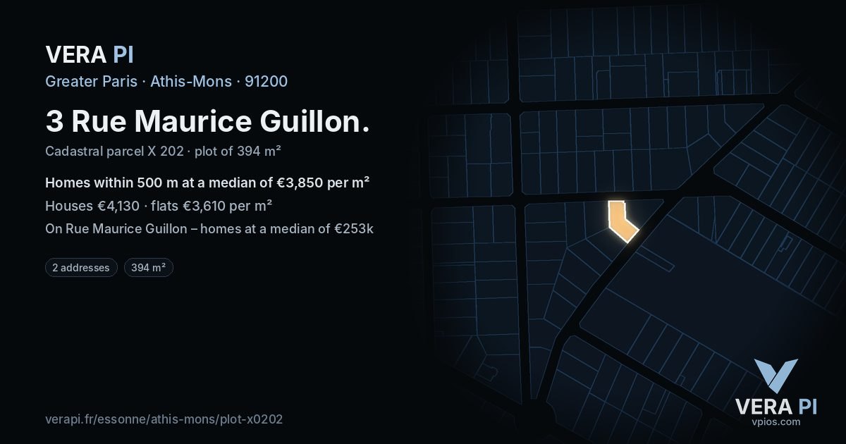 3 Rue Maurice Guillon, Athis-Mons at night – the plot lit, the parcels around coloured by the prices near them