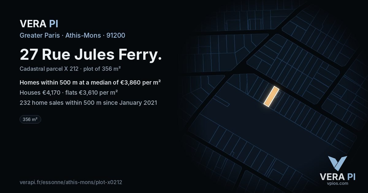 27 Rue Jules Ferry, Athis-Mons at night – the plot lit, the parcels around coloured by the prices near them