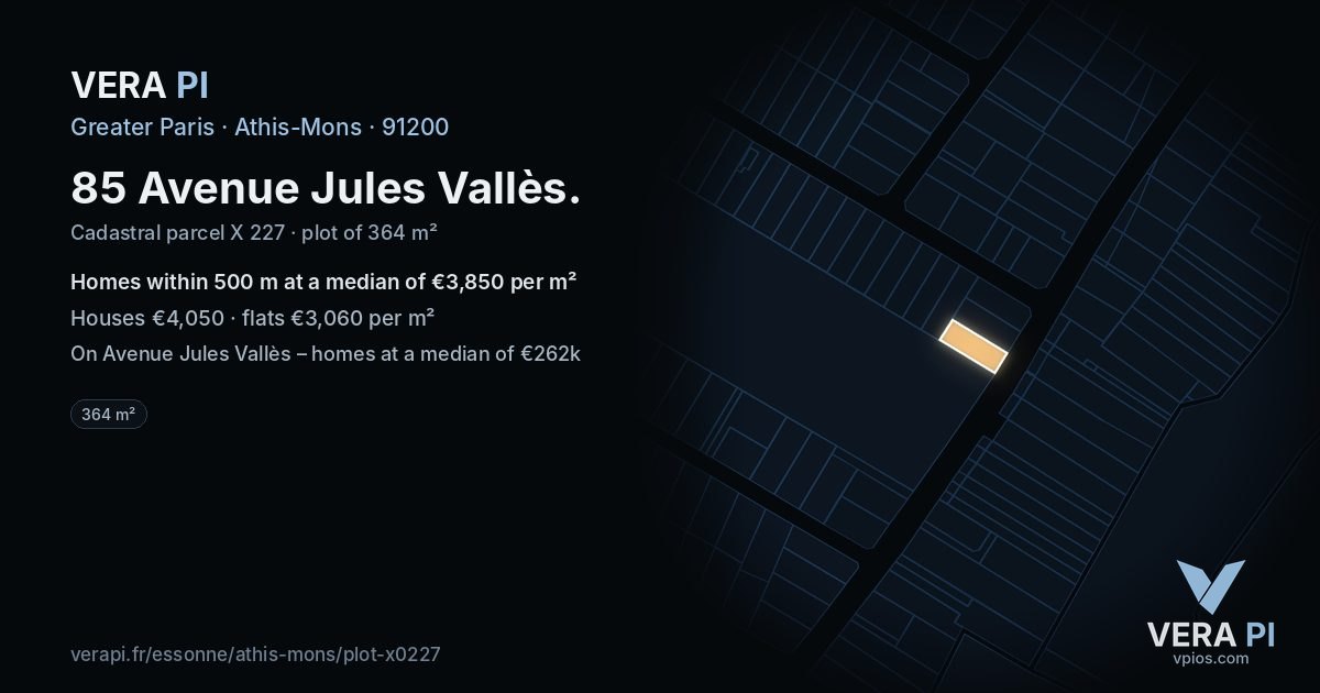 85 Avenue Jules Vallès, Athis-Mons at night – the plot lit, the parcels around coloured by the prices near them