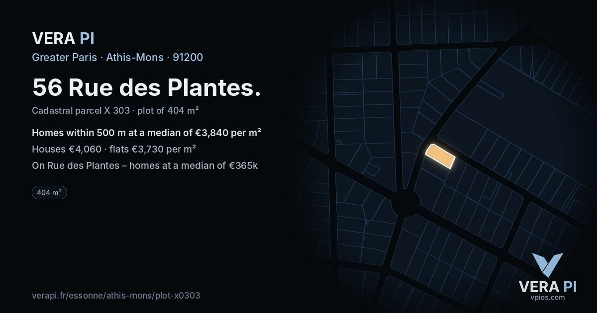 56 Rue des Plantes, Athis-Mons at night – the plot lit, the parcels around coloured by the prices near them