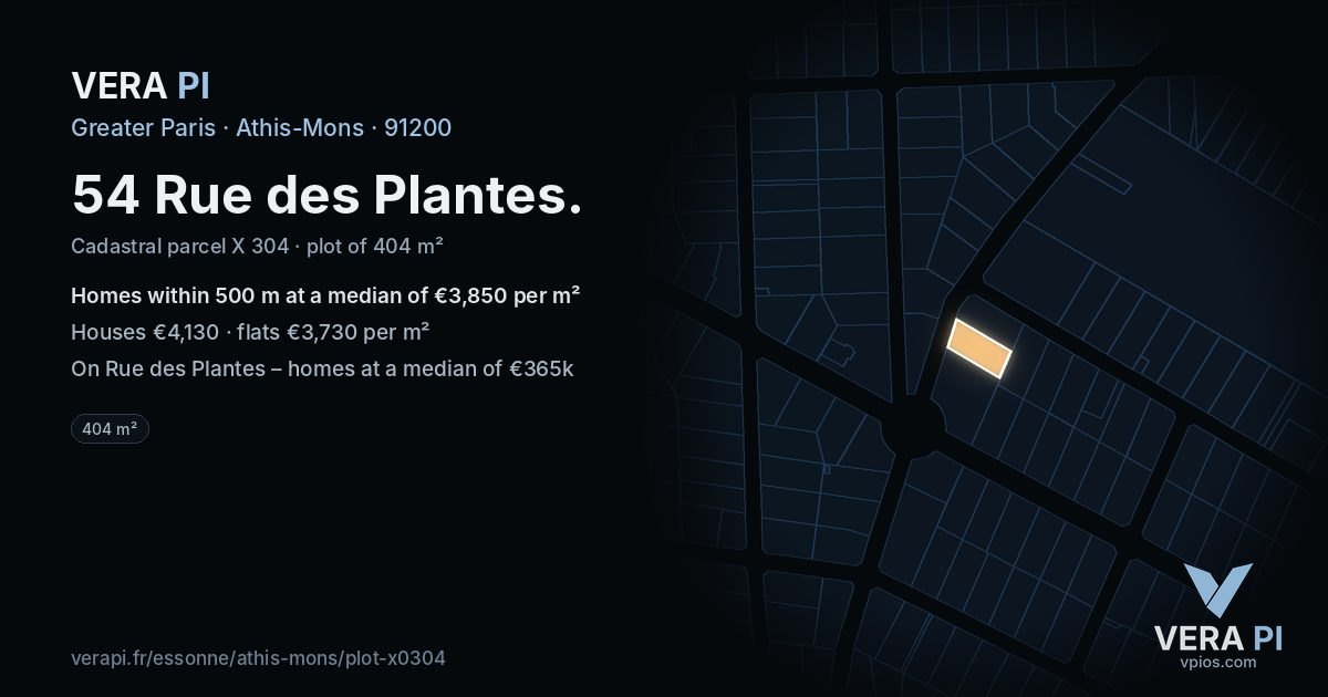 54 Rue des Plantes, Athis-Mons at night – the plot lit, the parcels around coloured by the prices near them