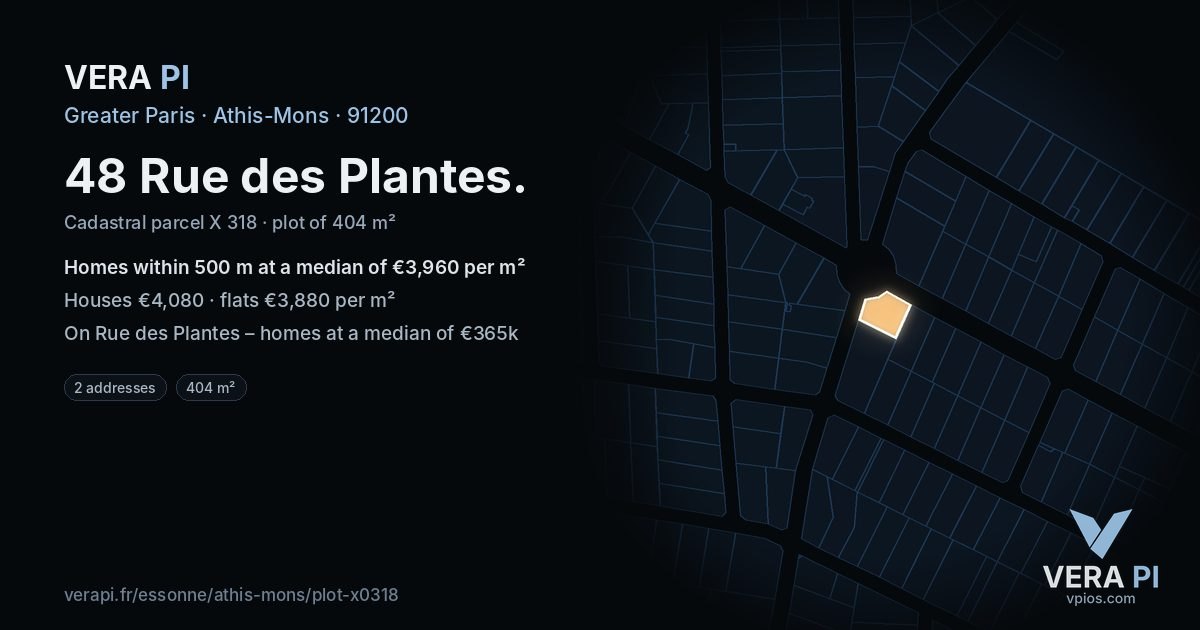 48 Rue des Plantes, Athis-Mons at night – the plot lit, the parcels around coloured by the prices near them