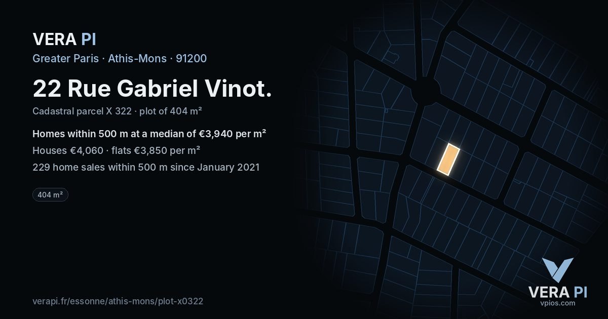 22 Rue Gabriel Vinot, Athis-Mons at night – the plot lit, the parcels around coloured by the prices near them