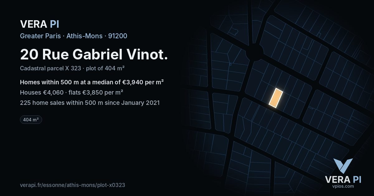 20 Rue Gabriel Vinot, Athis-Mons at night – the plot lit, the parcels around coloured by the prices near them