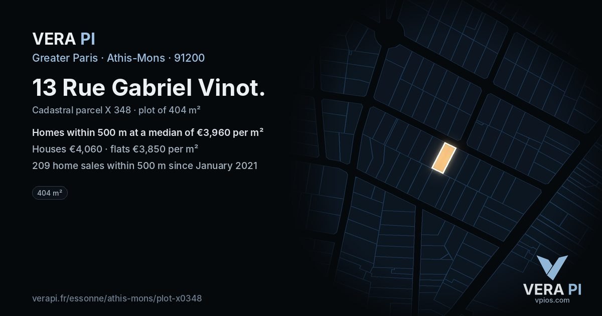 13 Rue Gabriel Vinot, Athis-Mons at night – the plot lit, the parcels around coloured by the prices near them