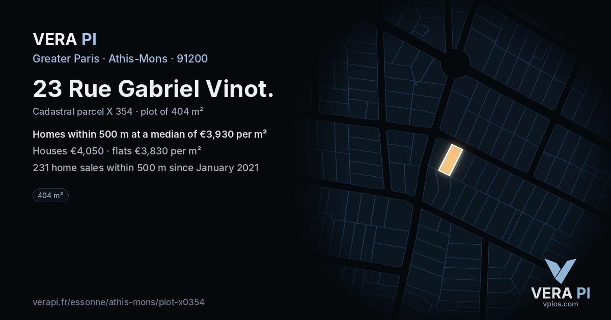 23 Rue Gabriel Vinot, Athis-Mons at night – the plot lit, the parcels around coloured by the prices near them