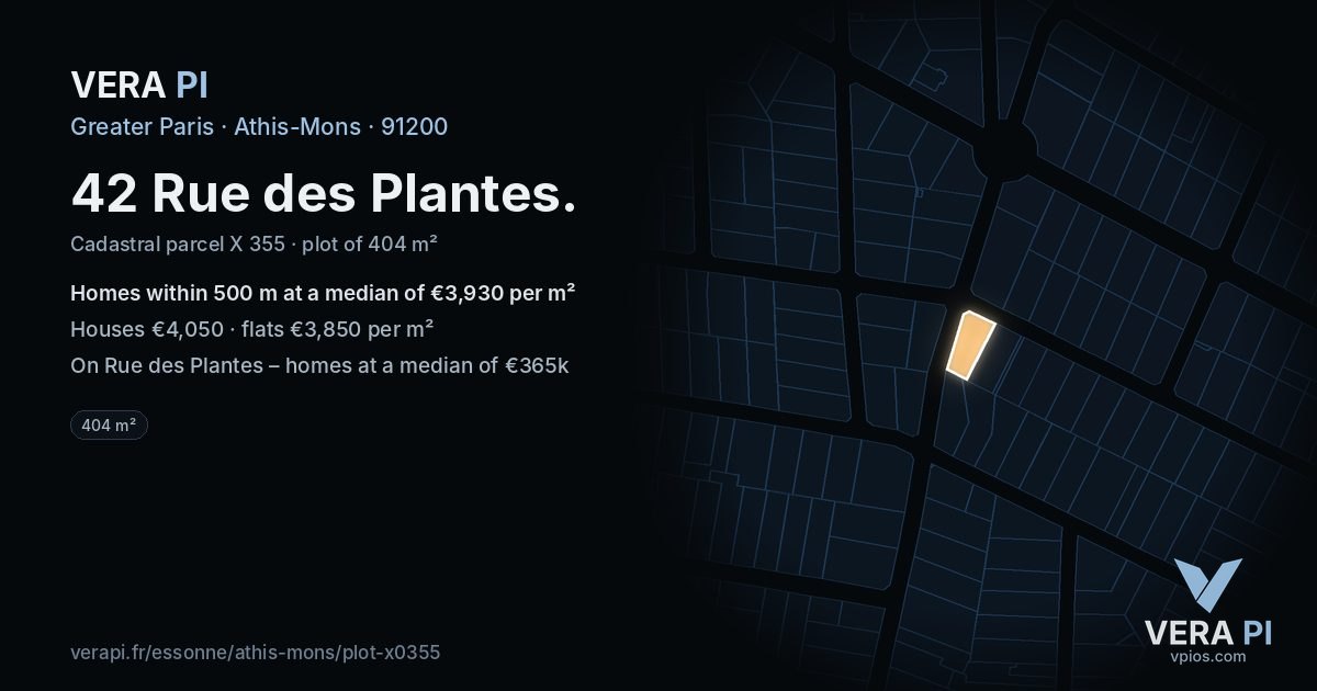 42 Rue des Plantes, Athis-Mons at night – the plot lit, the parcels around coloured by the prices near them