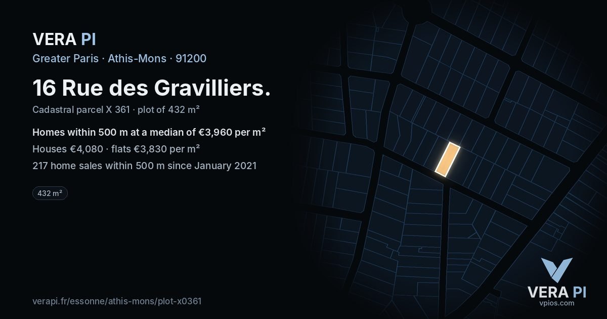 16 Rue des Gravilliers, Athis-Mons at night – the plot lit, the parcels around coloured by the prices near them