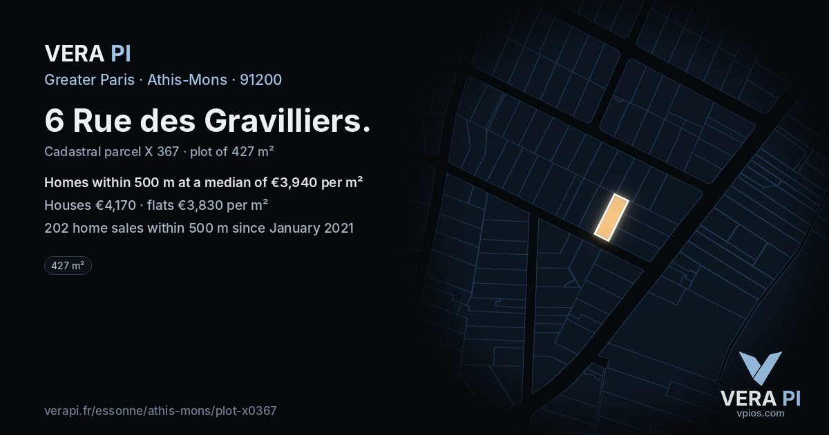 6 Rue des Gravilliers, Athis-Mons at night – the plot lit, the parcels around coloured by the prices near them