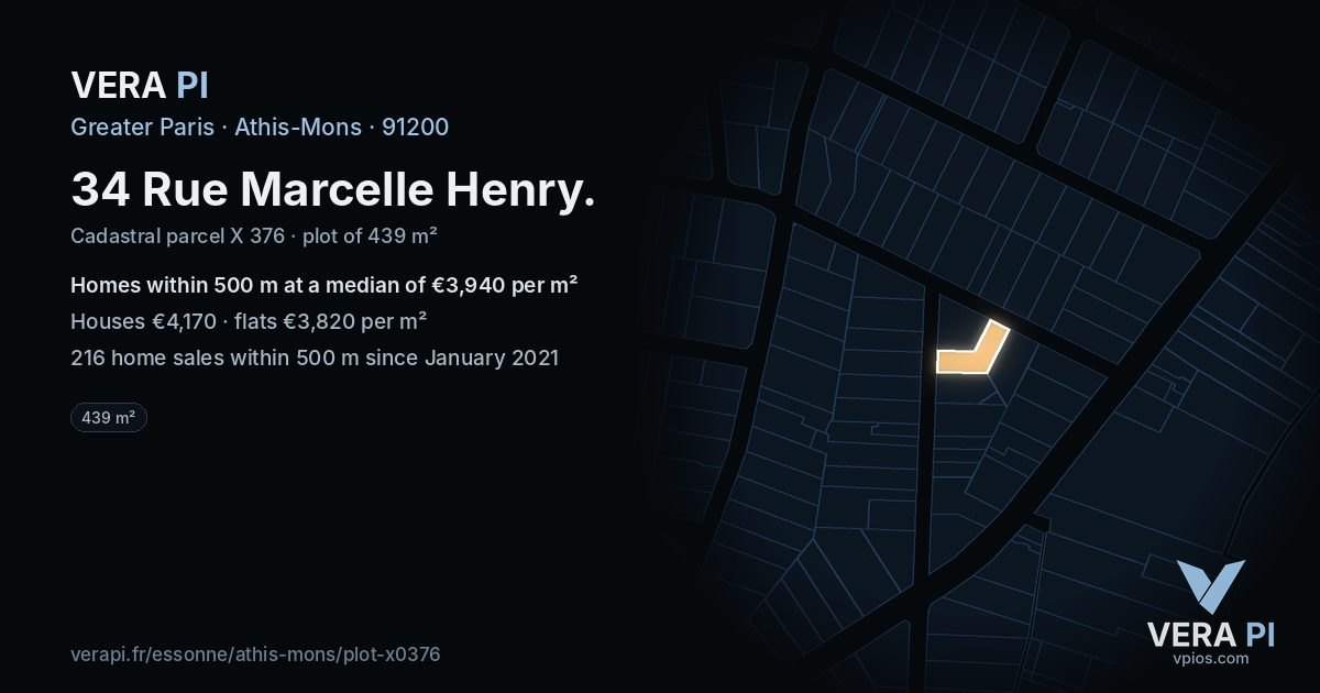 34 Rue Marcelle Henry, Athis-Mons at night – the plot lit, the parcels around coloured by the prices near them