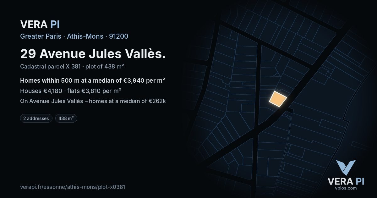 29 Avenue Jules Vallès, Athis-Mons at night – the plot lit, the parcels around coloured by the prices near them