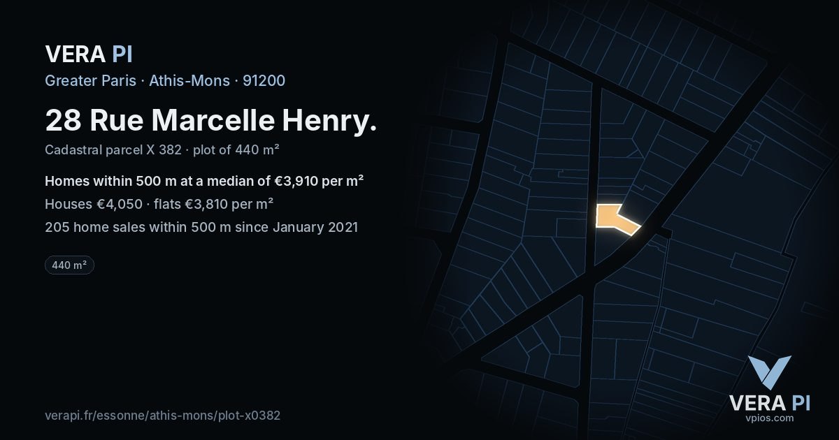 28 Rue Marcelle Henry, Athis-Mons at night – the plot lit, the parcels around coloured by the prices near them