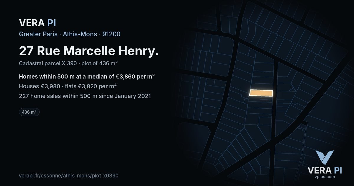 27 Rue Marcelle Henry, Athis-Mons at night – the plot lit, the parcels around coloured by the prices near them