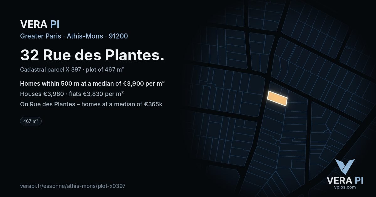 32 Rue des Plantes, Athis-Mons at night – the plot lit, the parcels around coloured by the prices near them