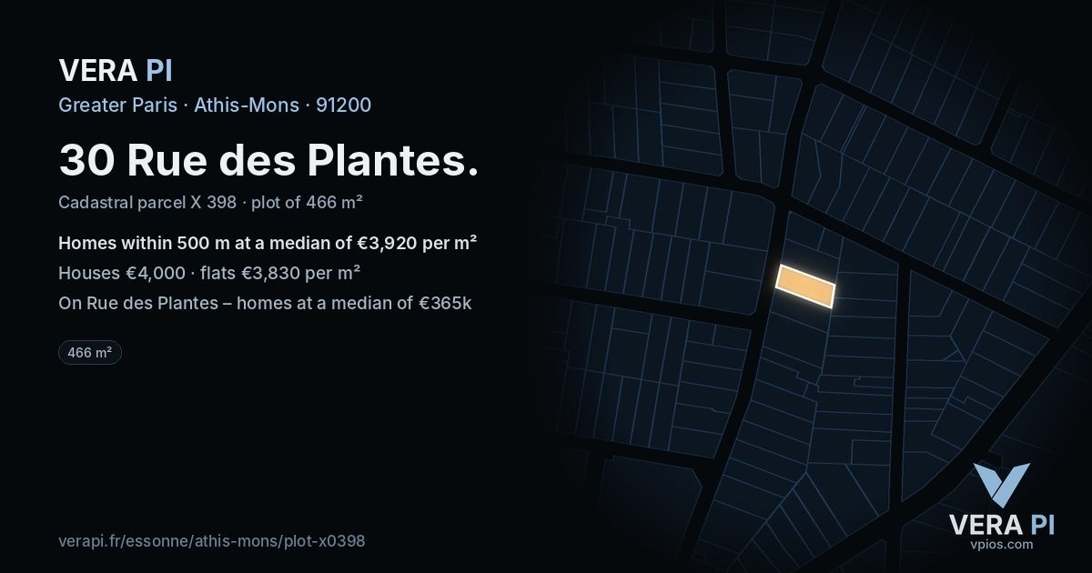 30 Rue des Plantes, Athis-Mons at night – the plot lit, the parcels around coloured by the prices near them