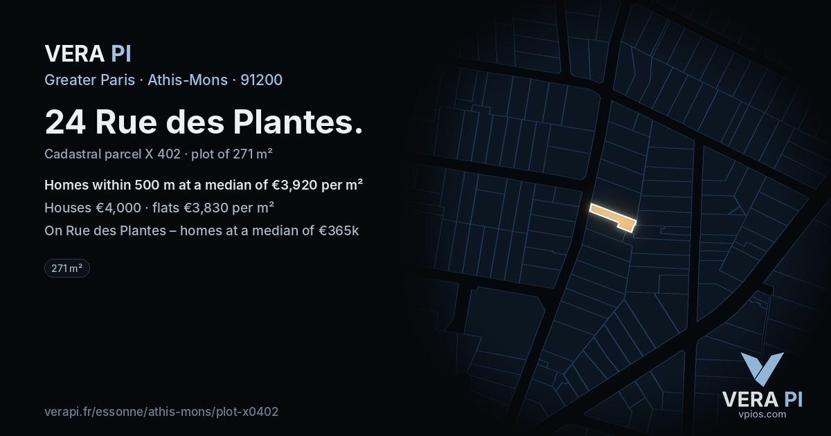 24 Rue des Plantes, Athis-Mons at night – the plot lit, the parcels around coloured by the prices near them