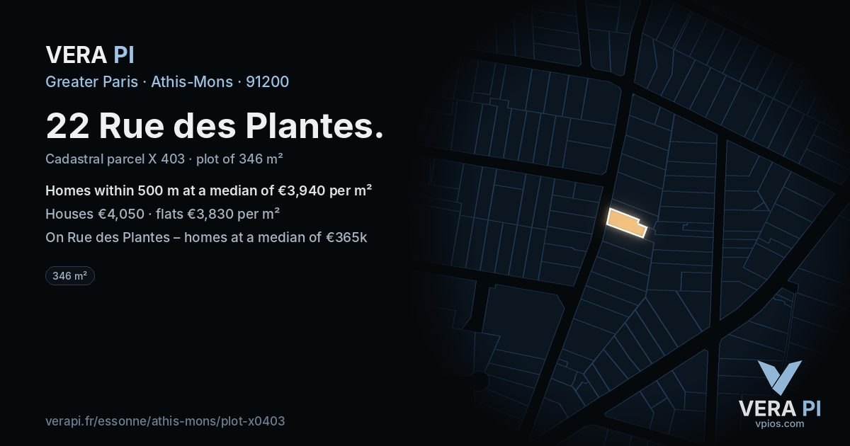 22 Rue des Plantes, Athis-Mons at night – the plot lit, the parcels around coloured by the prices near them