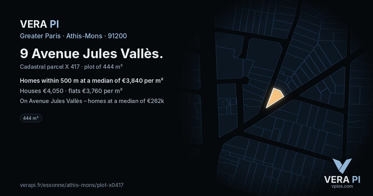9 Avenue Jules Vallès, Athis-Mons at night – the plot lit, the parcels around coloured by the prices near them