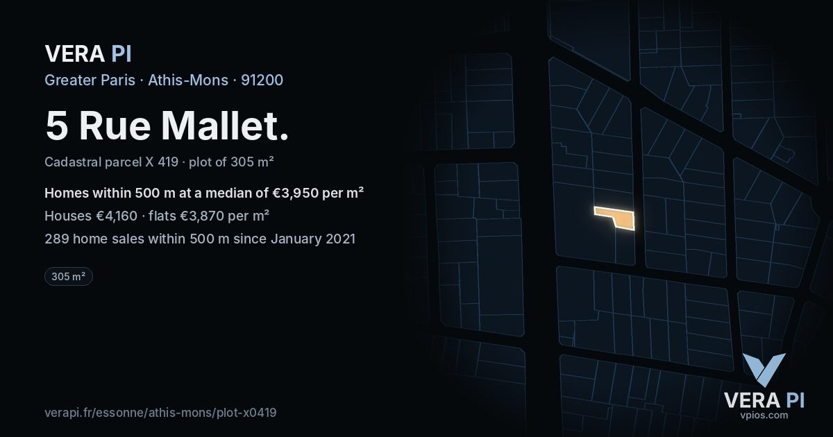 5 Rue Mallet, Athis-Mons at night – the plot lit, the parcels around coloured by the prices near them
