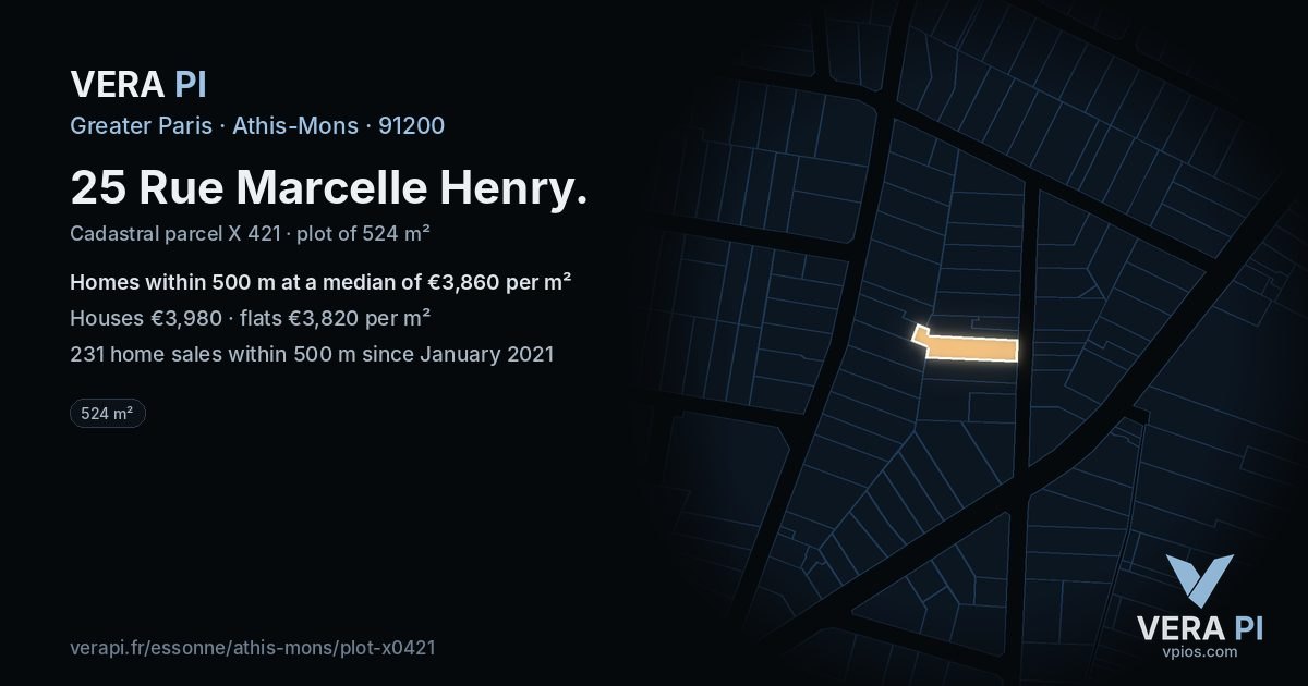 25 Rue Marcelle Henry, Athis-Mons at night – the plot lit, the parcels around coloured by the prices near them