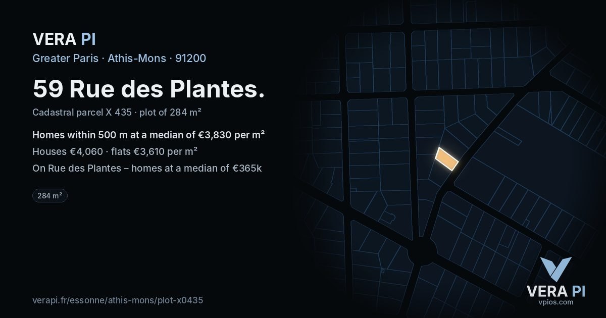 59 Rue des Plantes, Athis-Mons at night – the plot lit, the parcels around coloured by the prices near them