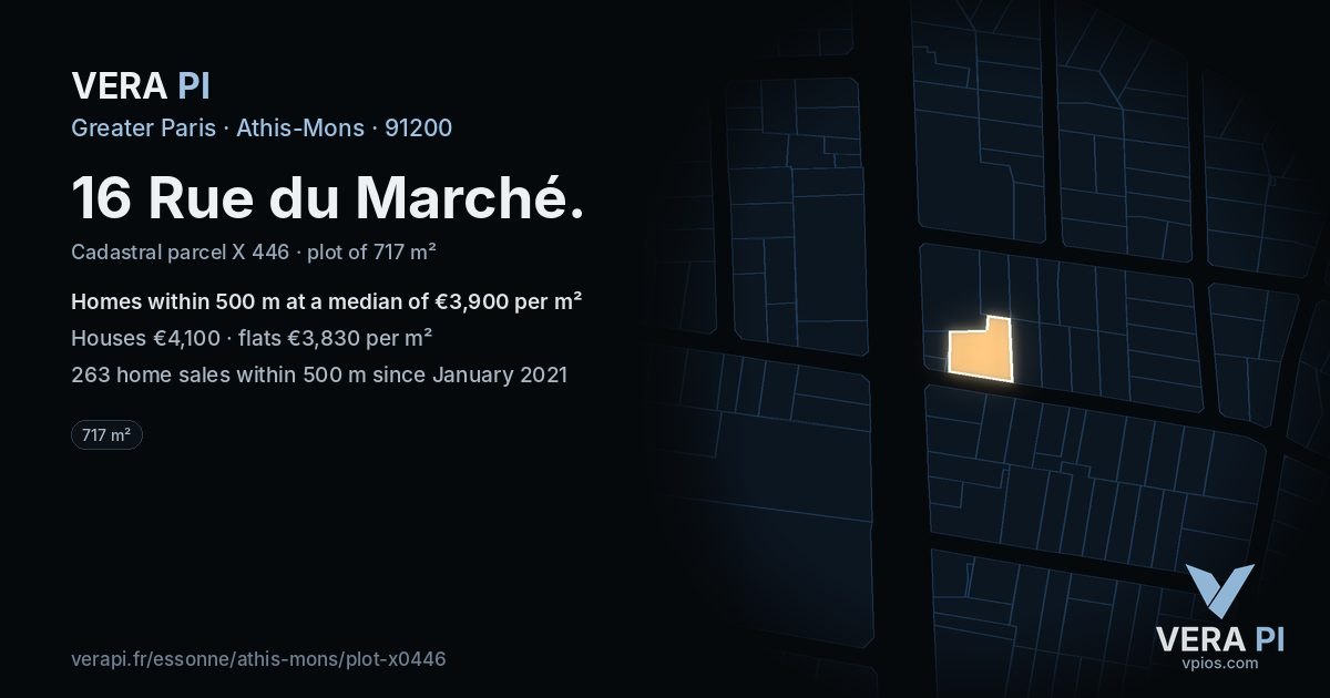 16 Rue du Marché, Athis-Mons at night – the plot lit, the parcels around coloured by the prices near them