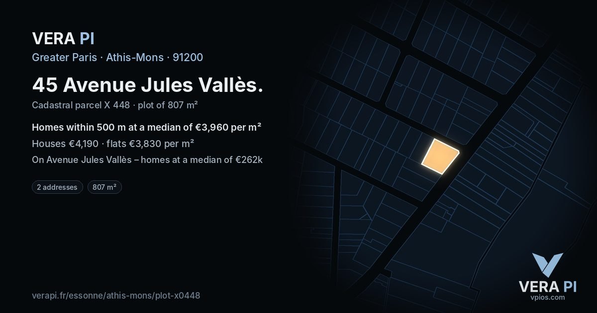 45 Avenue Jules Vallès, Athis-Mons at night – the plot lit, the parcels around coloured by the prices near them