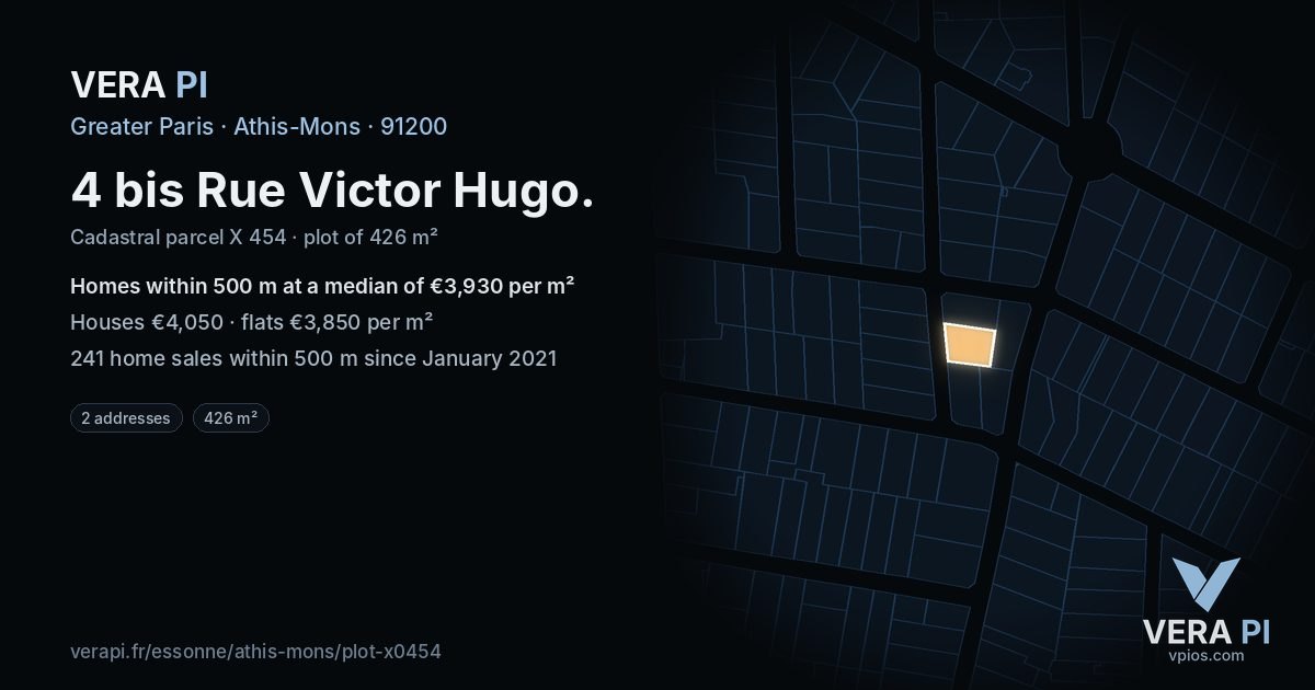 4 bis Rue Victor Hugo, Athis-Mons at night – the plot lit, the parcels around coloured by the prices near them