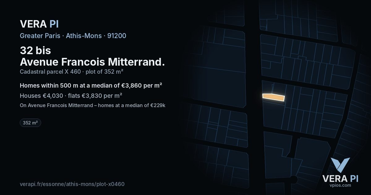32 bis Avenue Francois Mitterrand, Athis-Mons at night – the plot lit, the parcels around coloured by the prices near them