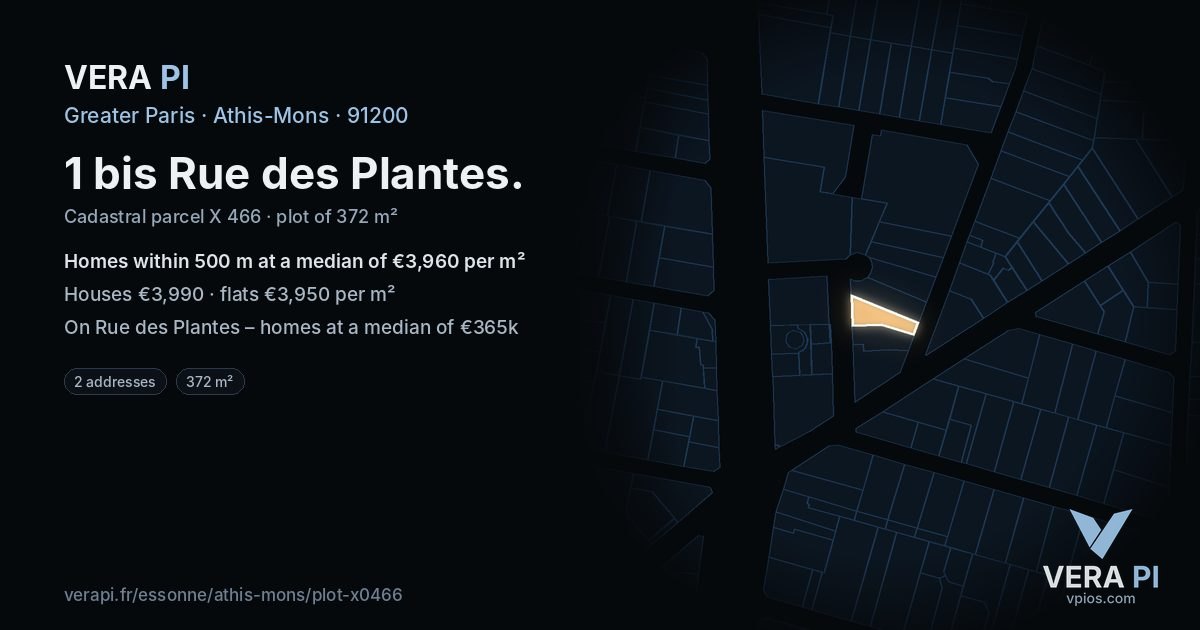 1 bis Rue des Plantes, Athis-Mons at night – the plot lit, the parcels around coloured by the prices near them