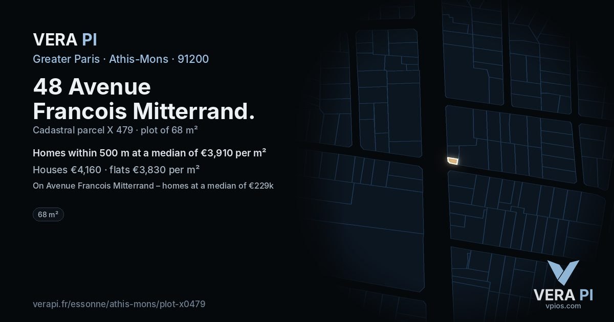 48 Avenue Francois Mitterrand, Athis-Mons at night – the plot lit, the parcels around coloured by the prices near them