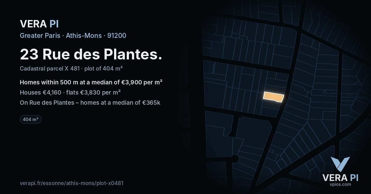 23 Rue des Plantes, Athis-Mons at night – the plot lit, the parcels around coloured by the prices near them