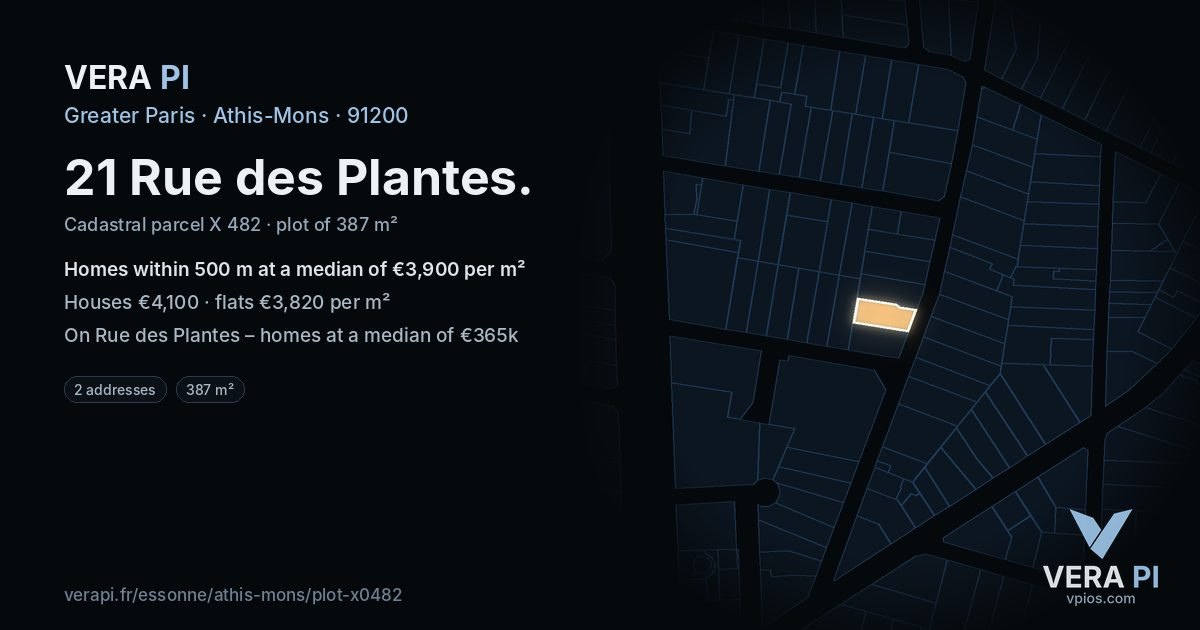 21 Rue des Plantes, Athis-Mons at night – the plot lit, the parcels around coloured by the prices near them