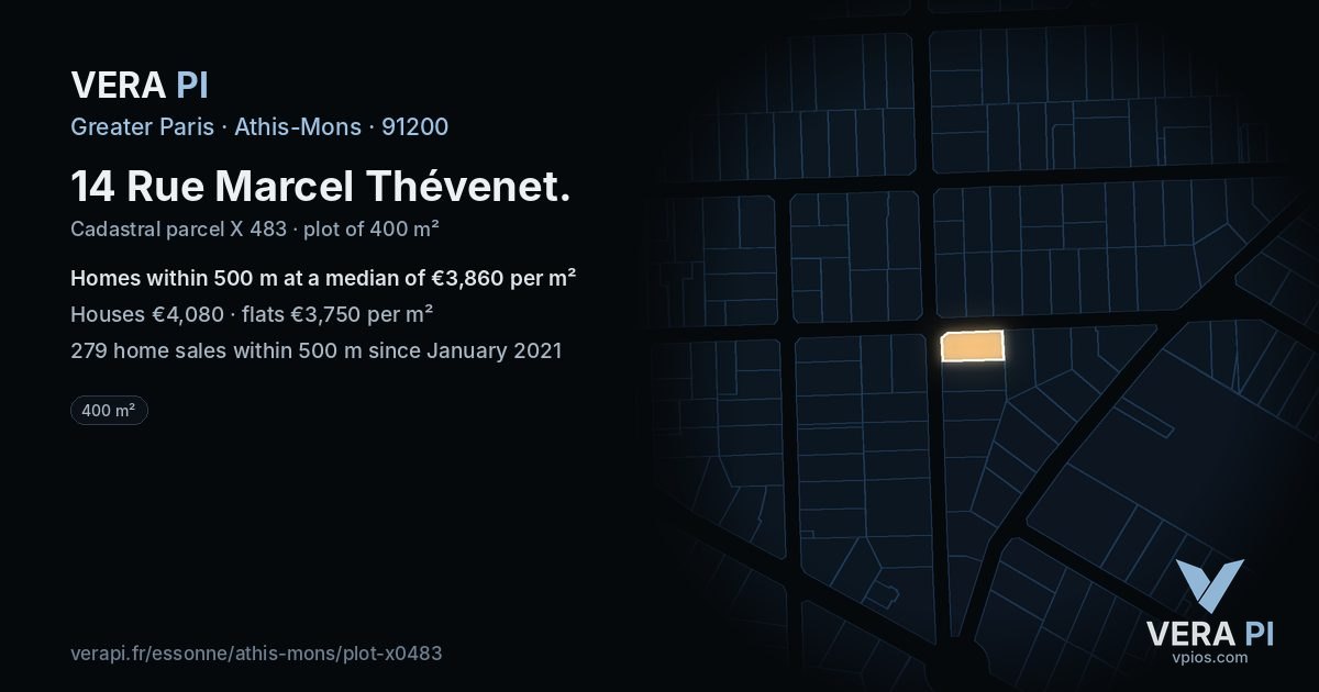 14 Rue Marcel Thévenet, Athis-Mons at night – the plot lit, the parcels around coloured by the prices near them