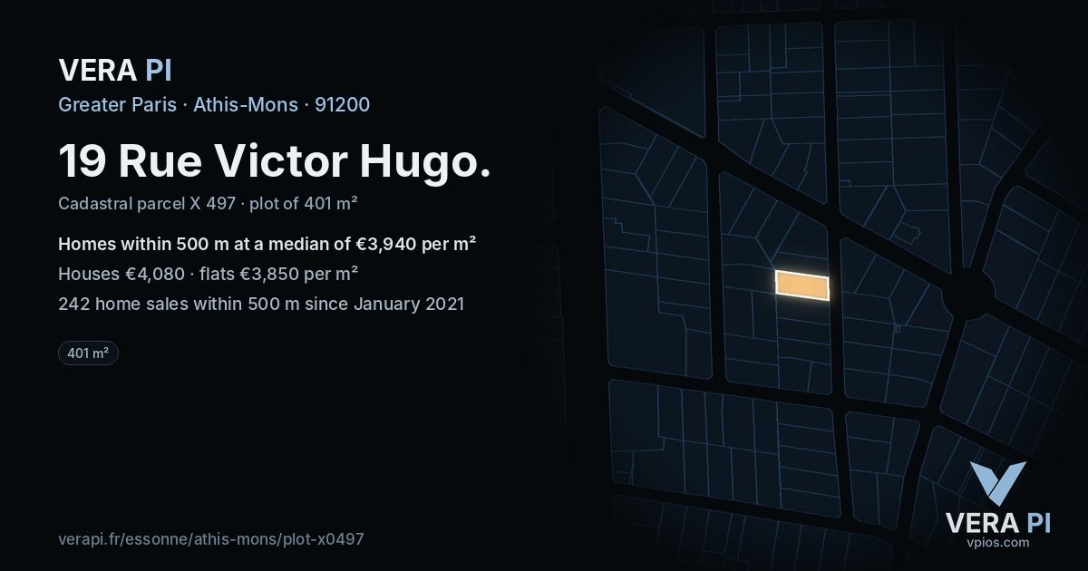 19 Rue Victor Hugo, Athis-Mons at night – the plot lit, the parcels around coloured by the prices near them