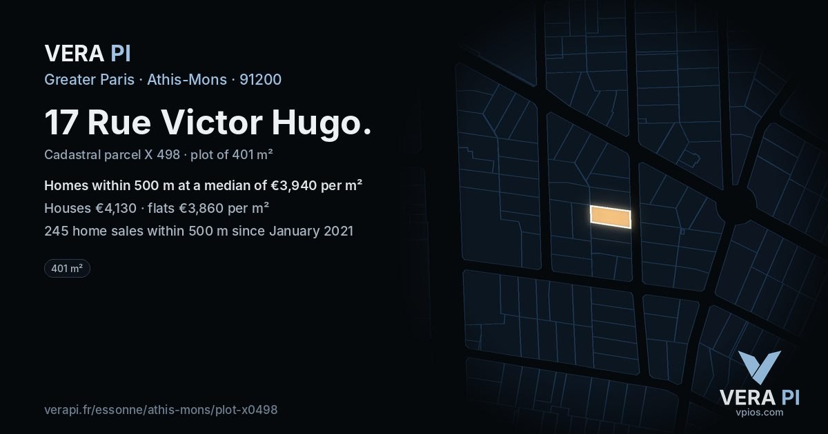 17 Rue Victor Hugo, Athis-Mons at night – the plot lit, the parcels around coloured by the prices near them
