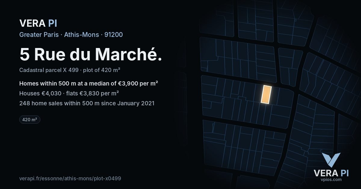 5 Rue du Marché, Athis-Mons at night – the plot lit, the parcels around coloured by the prices near them