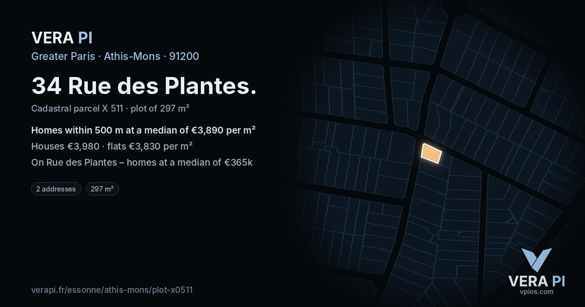 34 Rue des Plantes, Athis-Mons at night – the plot lit, the parcels around coloured by the prices near them