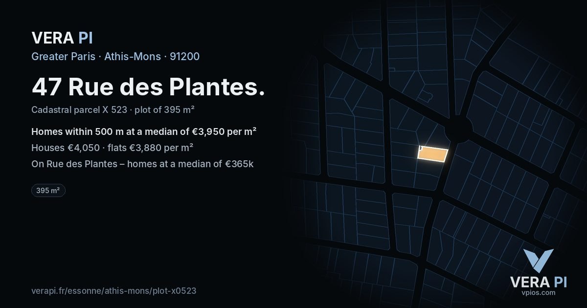 47 Rue des Plantes, Athis-Mons at night – the plot lit, the parcels around coloured by the prices near them