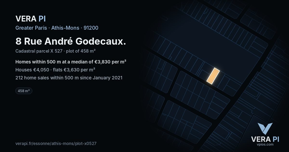 8 Rue André Godecaux, Athis-Mons at night – the plot lit, the parcels around coloured by the prices near them