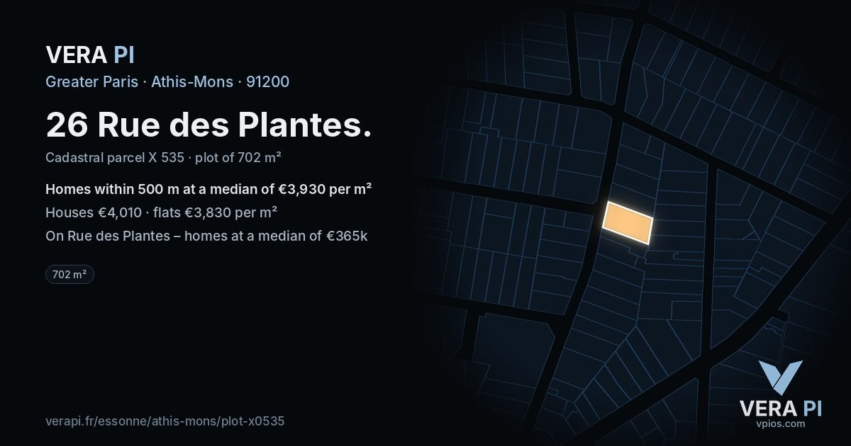 26 Rue des Plantes, Athis-Mons at night – the plot lit, the parcels around coloured by the prices near them