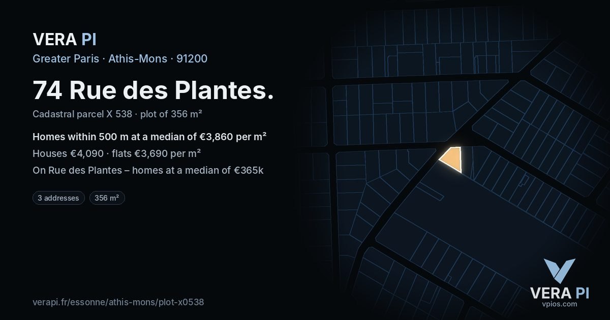 74 Rue des Plantes, Athis-Mons at night – the plot lit, the parcels around coloured by the prices near them