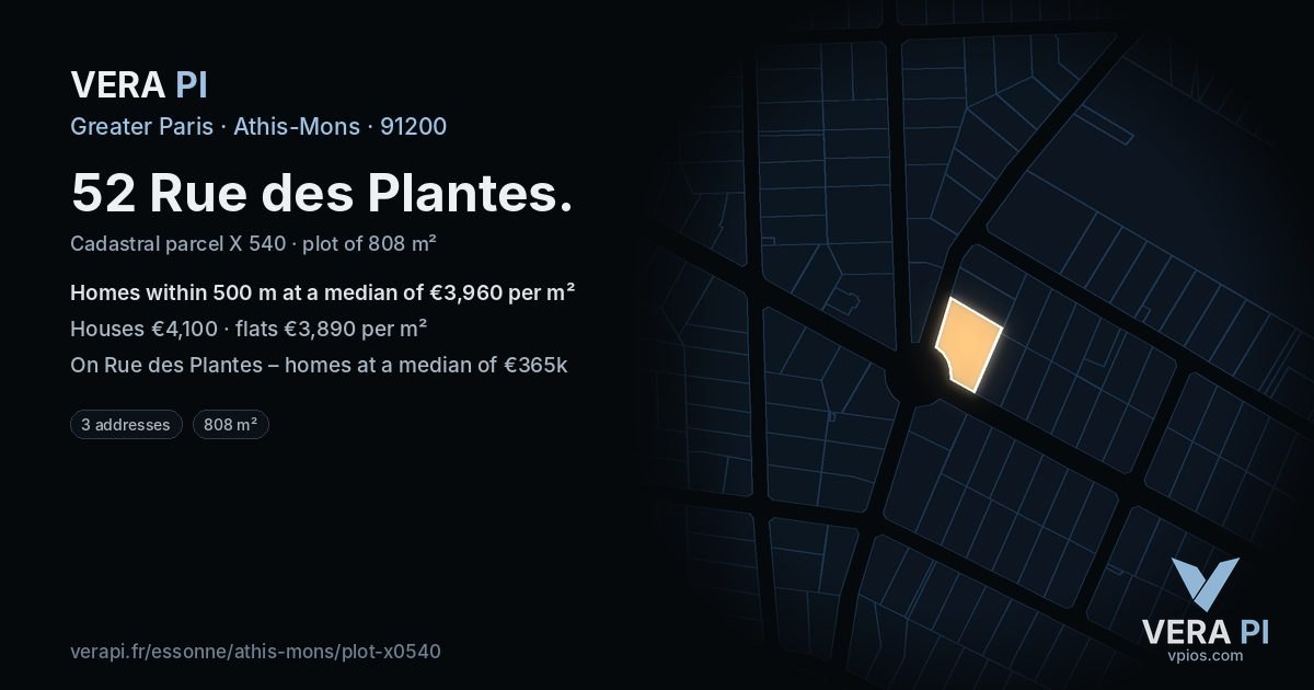 52 Rue des Plantes, Athis-Mons at night – the plot lit, the parcels around coloured by the prices near them
